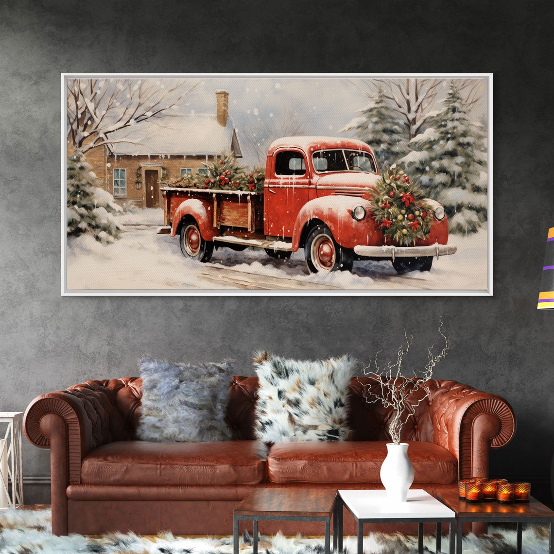 Vintage Red Pickup Truck Christmas Tree Snowy Farm Scene Poster - Image 6