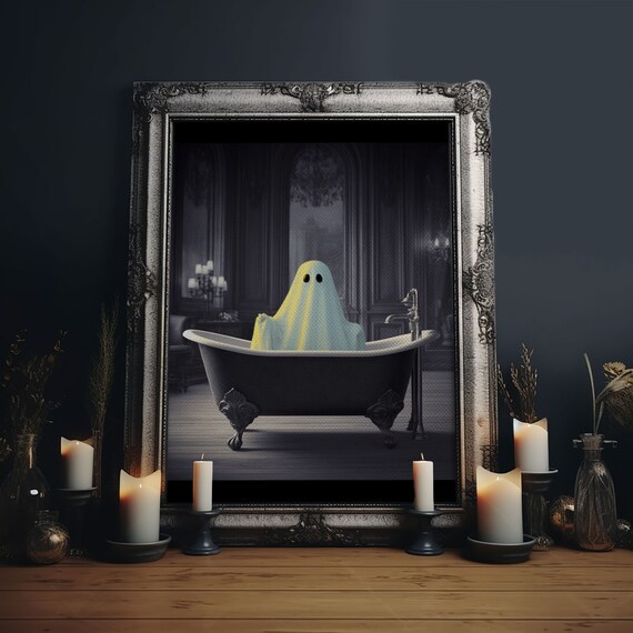 Cute Sheet Ghost In Vintage Clawfoot Bathtub Dark Room Wall Art