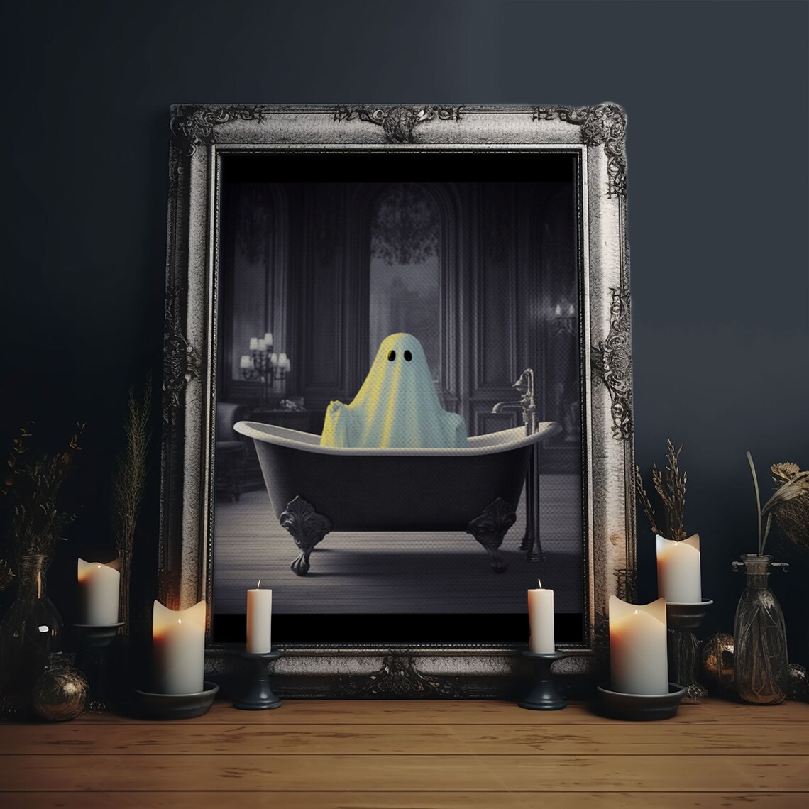 Cute Sheet Ghost In Vintage Clawfoot Bathtub Dark Room Wall Art