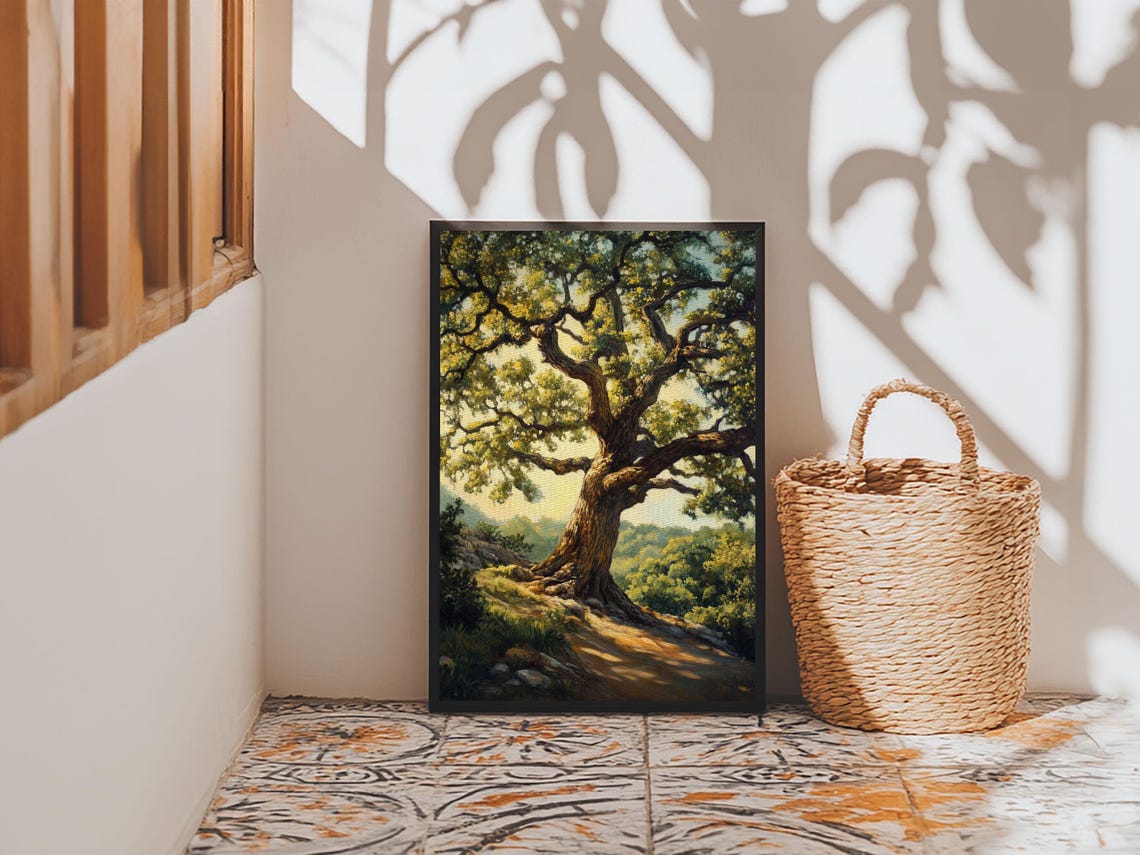 Majestic Oak Tree Sunlit Hillside Rustic Landscape Oil Painting Poster - Image 4