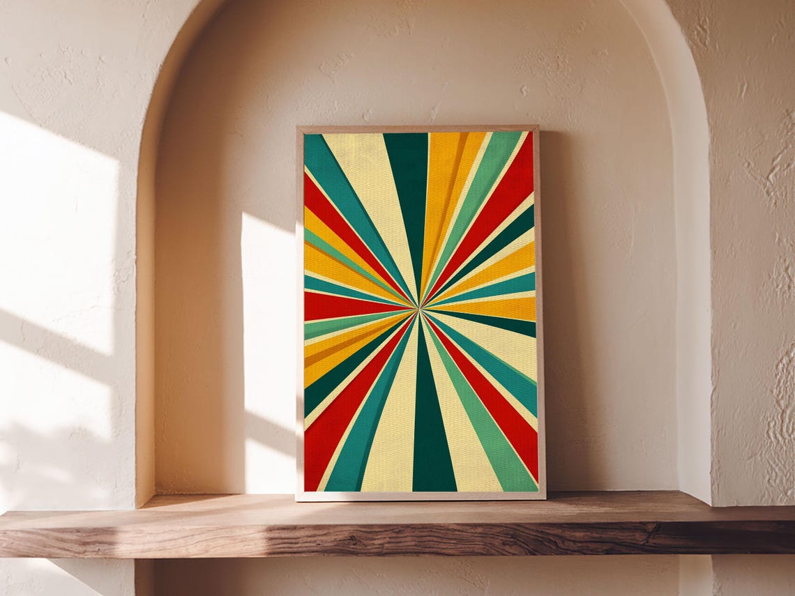 Retro Red Teal Yellow Sunburst Rays Vintage Style Abstract Poster