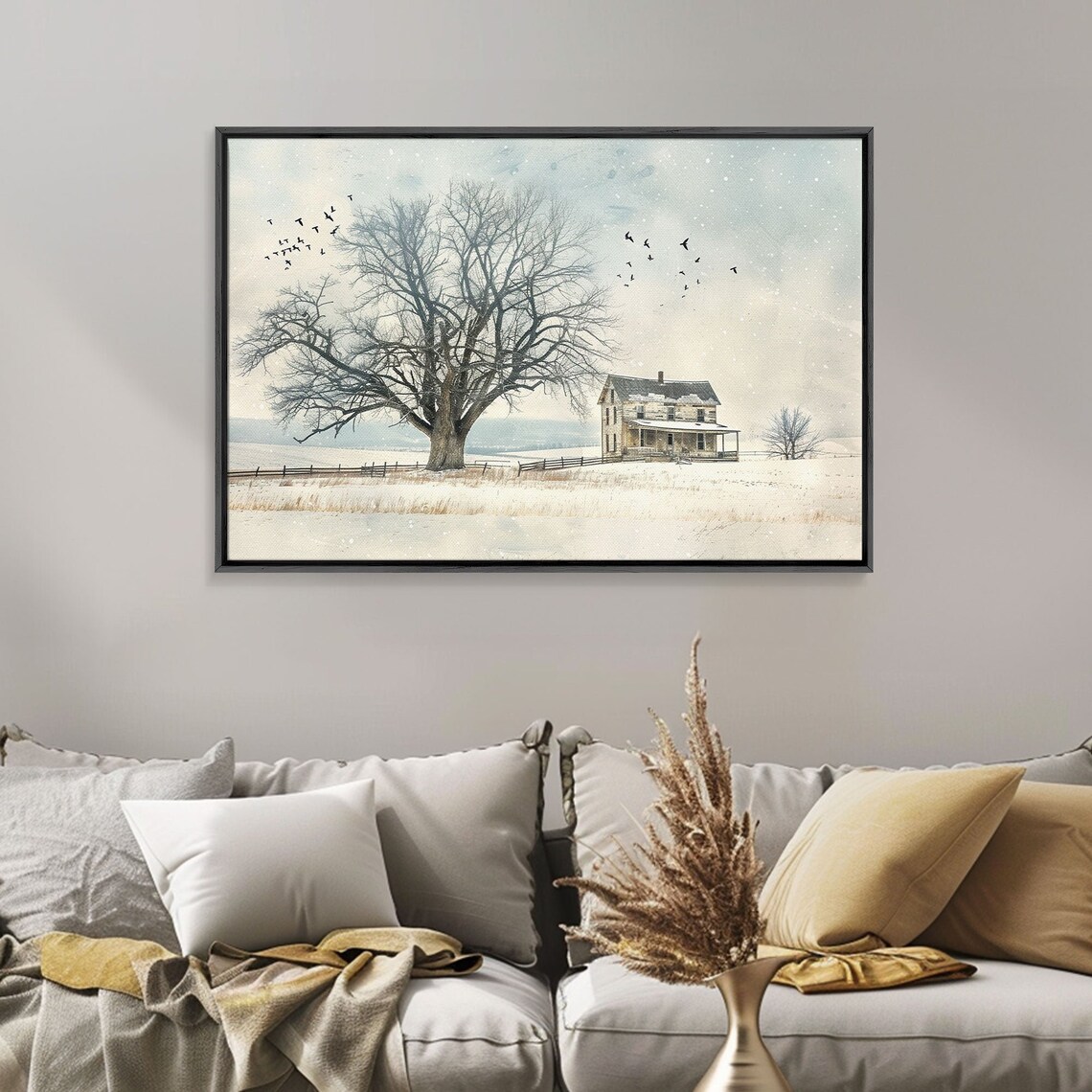 Winter Farm Snowy Field Farmhouse Bare Tree Birds Cold Morning Poster - Image 6