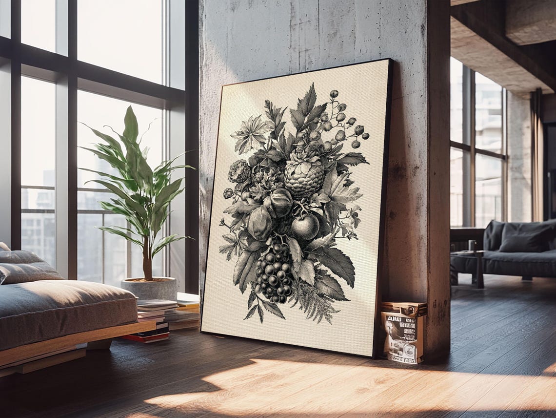 Vintage Fruit and Foliage Bouquet Black Botanical Engraving Art Print - Image 6