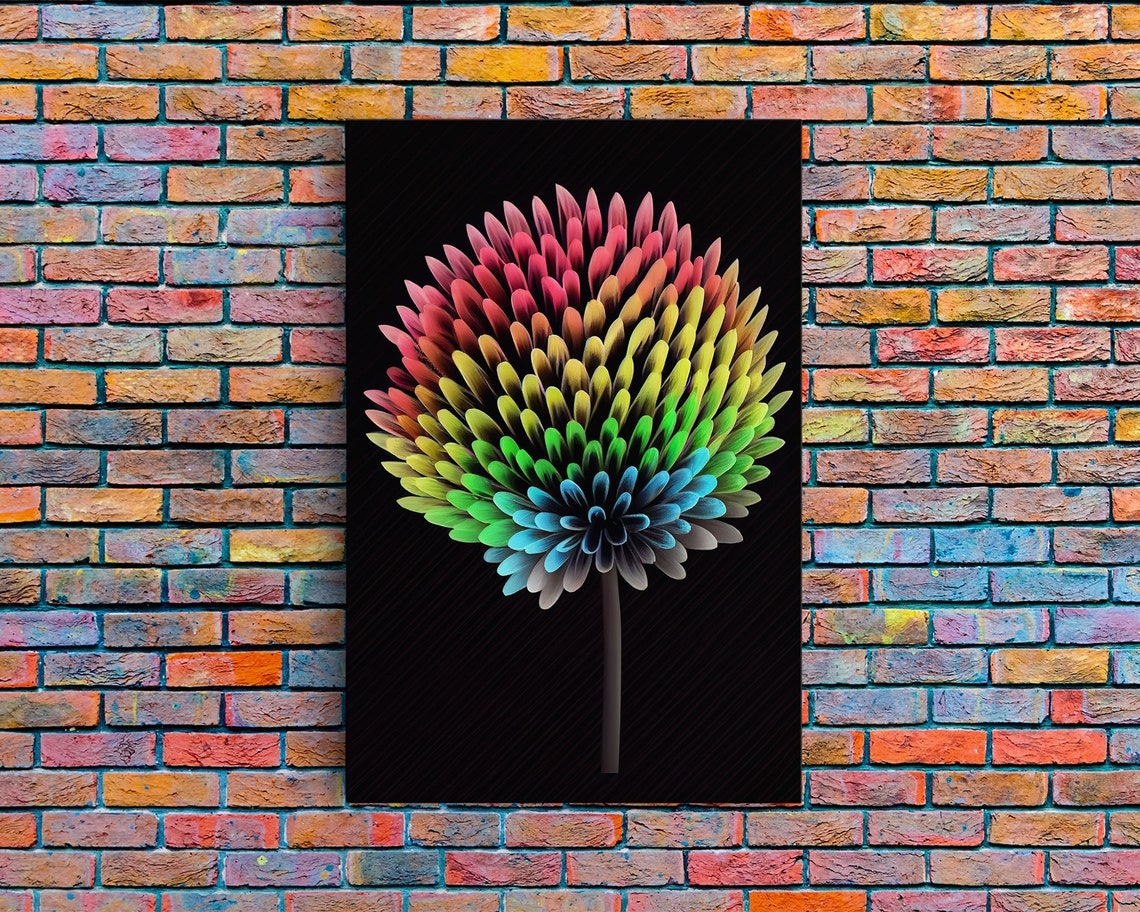 Rainbow Dandelion Flower Neon Colors Black Background Floral Poster - Image 6