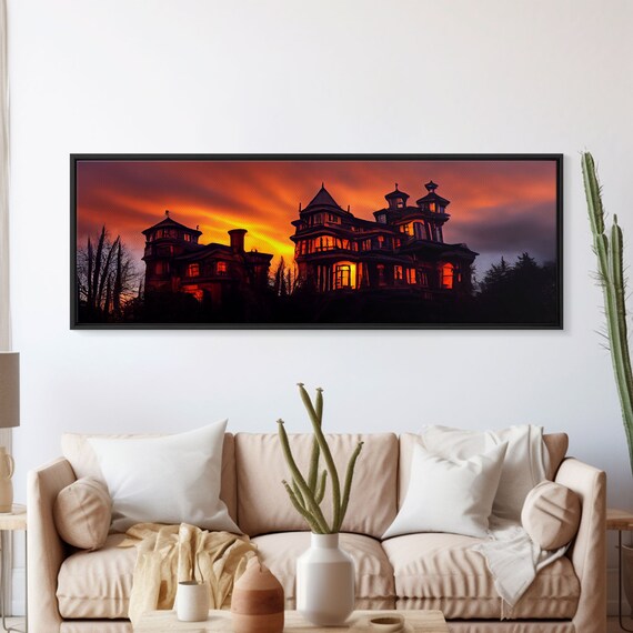 Spooky Victorian Haunted House At Sunset With Glowing Windows Wall Art