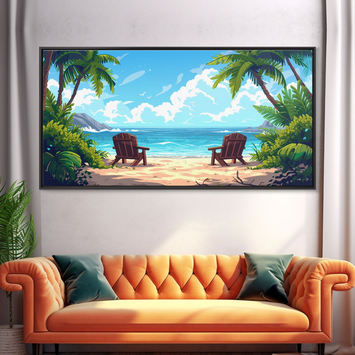 Tropical Beach Palm Trees Ocean Chairs Colorful Summer Poster - Image 5
