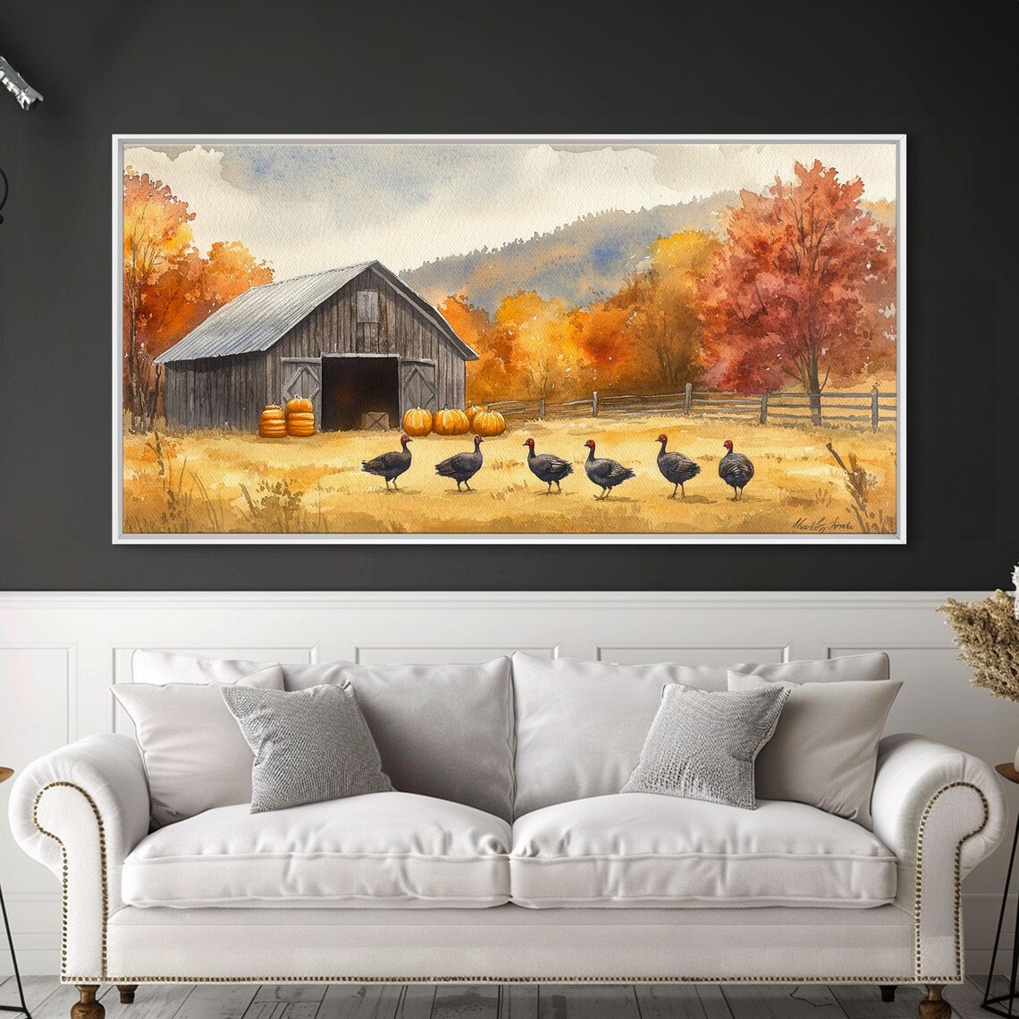 Turkeys Marching Past Rustic Barn With Pumpkins Autumn Art Print