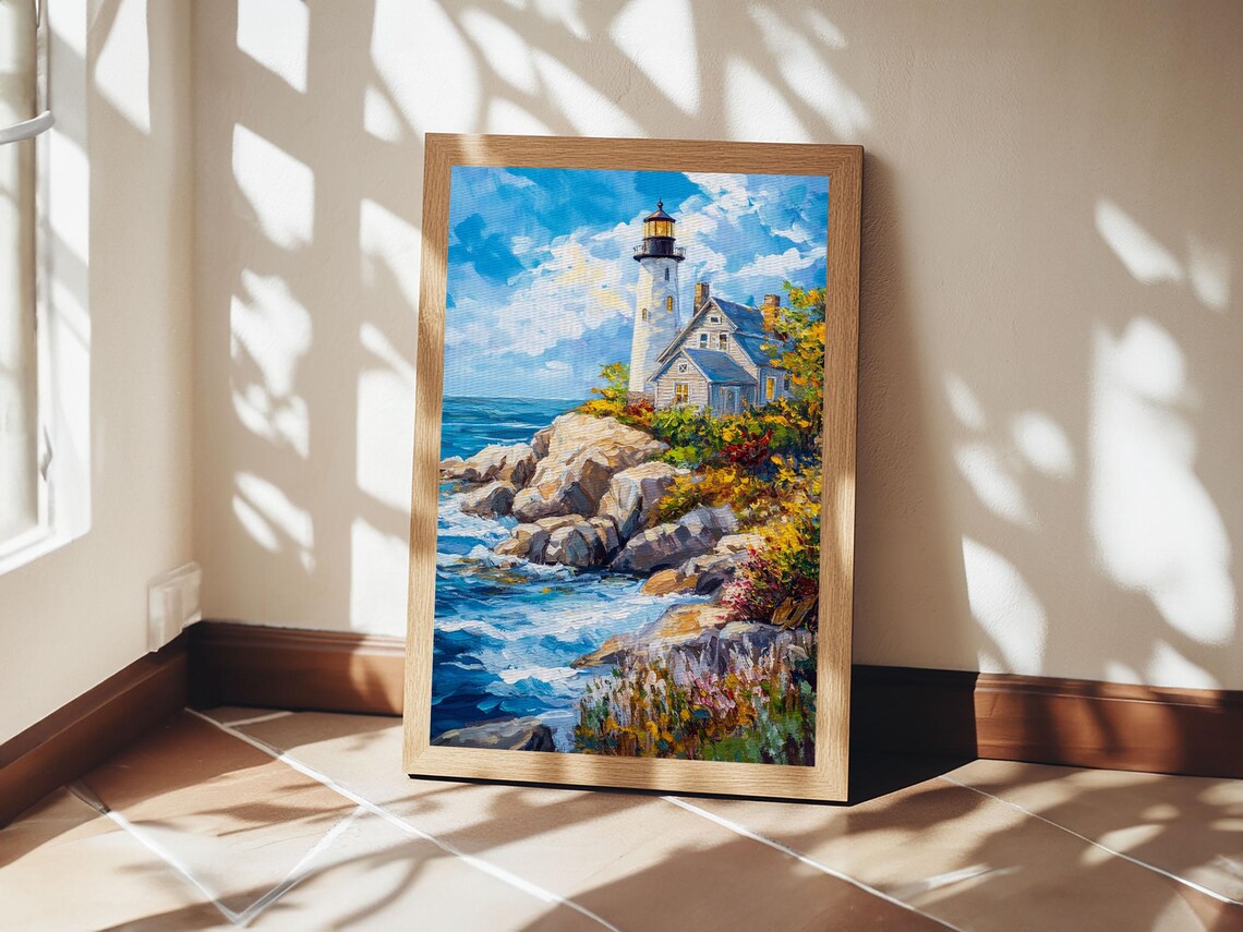 Maine Lighthouse Rocky Coast Waves Blue Sky Coastal Painting Art Poster - Image 6