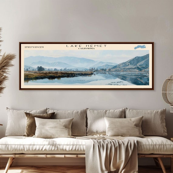 Lake Hemet California Framed Print Lake House Decor Panoramic Wall Art Travel Poster Serene Lake Painting Nature Art