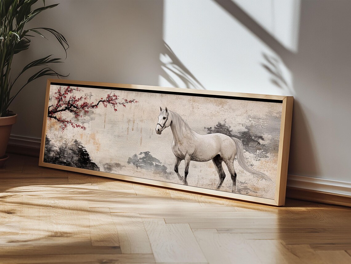 White Horse Cherry Blossom Panoramic Ink Wash Chinoiserie Art Poster - Image 4