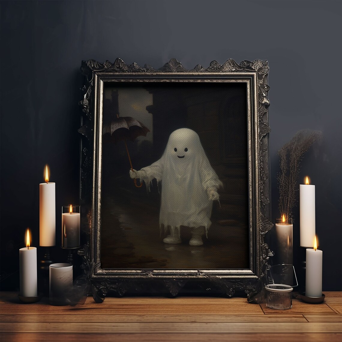 Cute Ghost Umbrella Rain Vintage Painting Funny Halloween Art Poster - Image 5