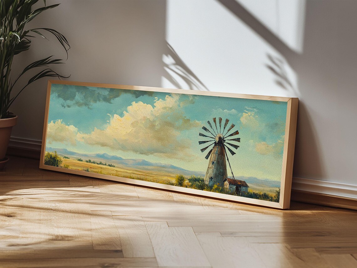 Scenic Windmill Landscape Framed Print Rustic Cottagecore Farmhouse Art Moody Southwest Decor Above Couch Wall Art Gift Idea - Image 5