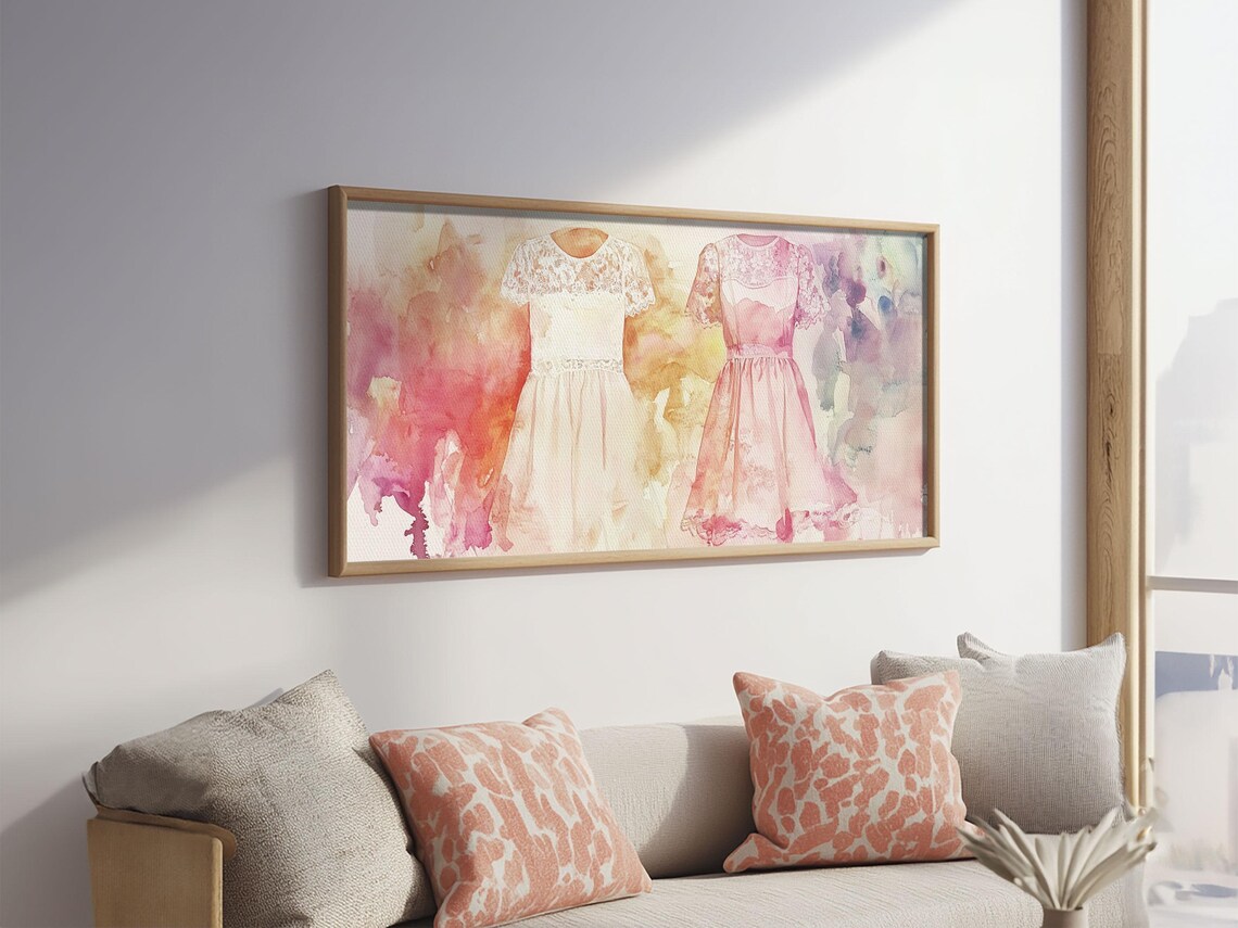 Pink Lace Dresses Watercolor Wide Horizontal Fashion Illustration Wall Art - Image 2