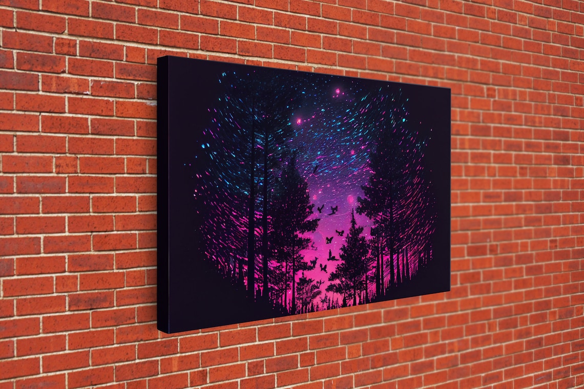 Synthwave Starry Night Time Lapse Pine Tree Forest Art Print - Image 2