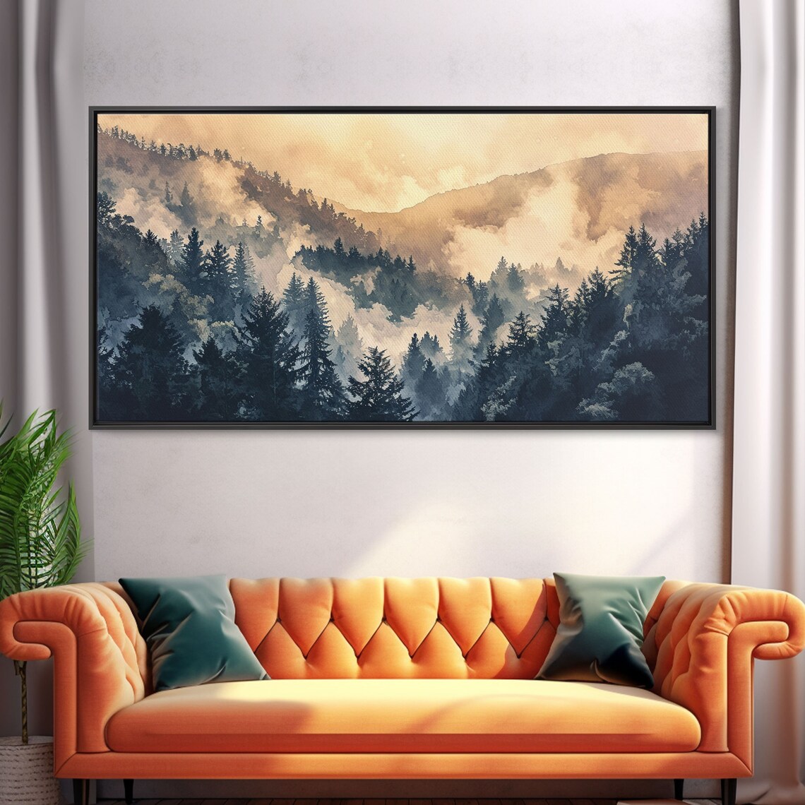 Misty Pine Forest Mountain Golden Sunrise Watercolor Art Poster - Image 5