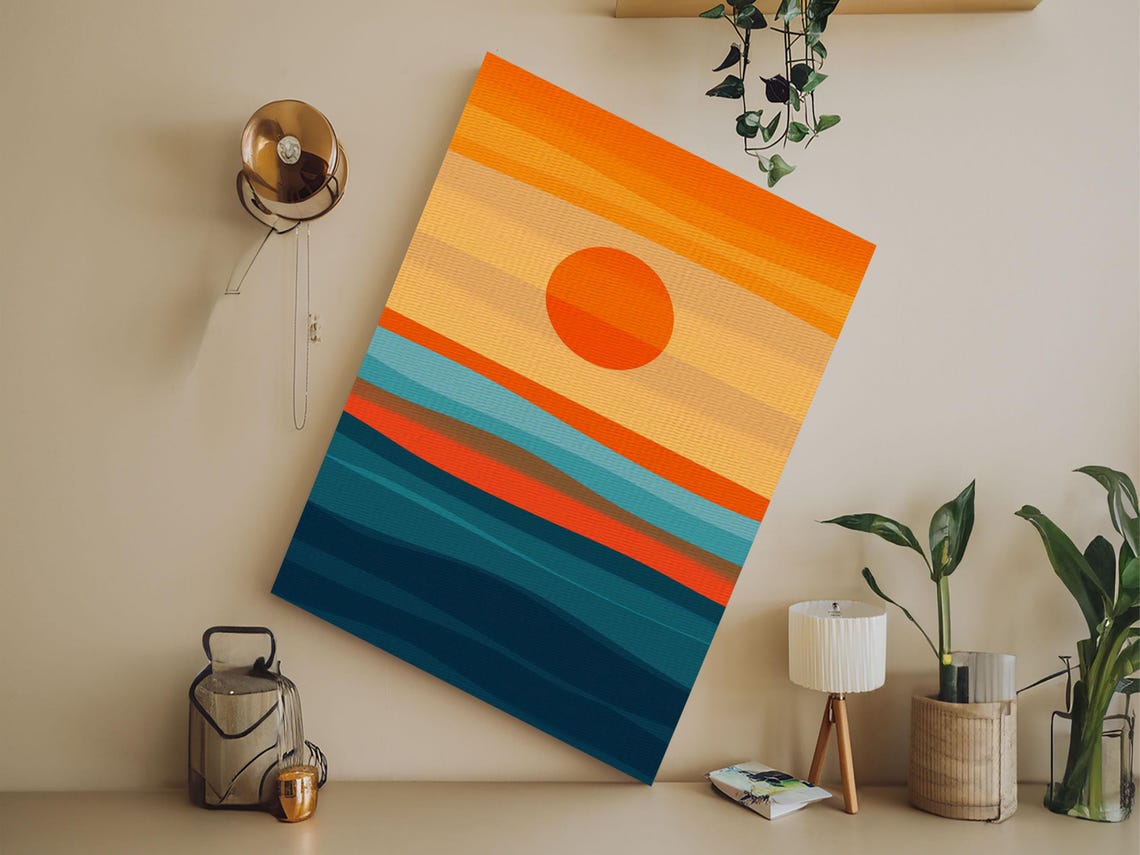 Minimalist Retro Sunset Over Ocean Waves Orange Teal Art Poster - Image 3