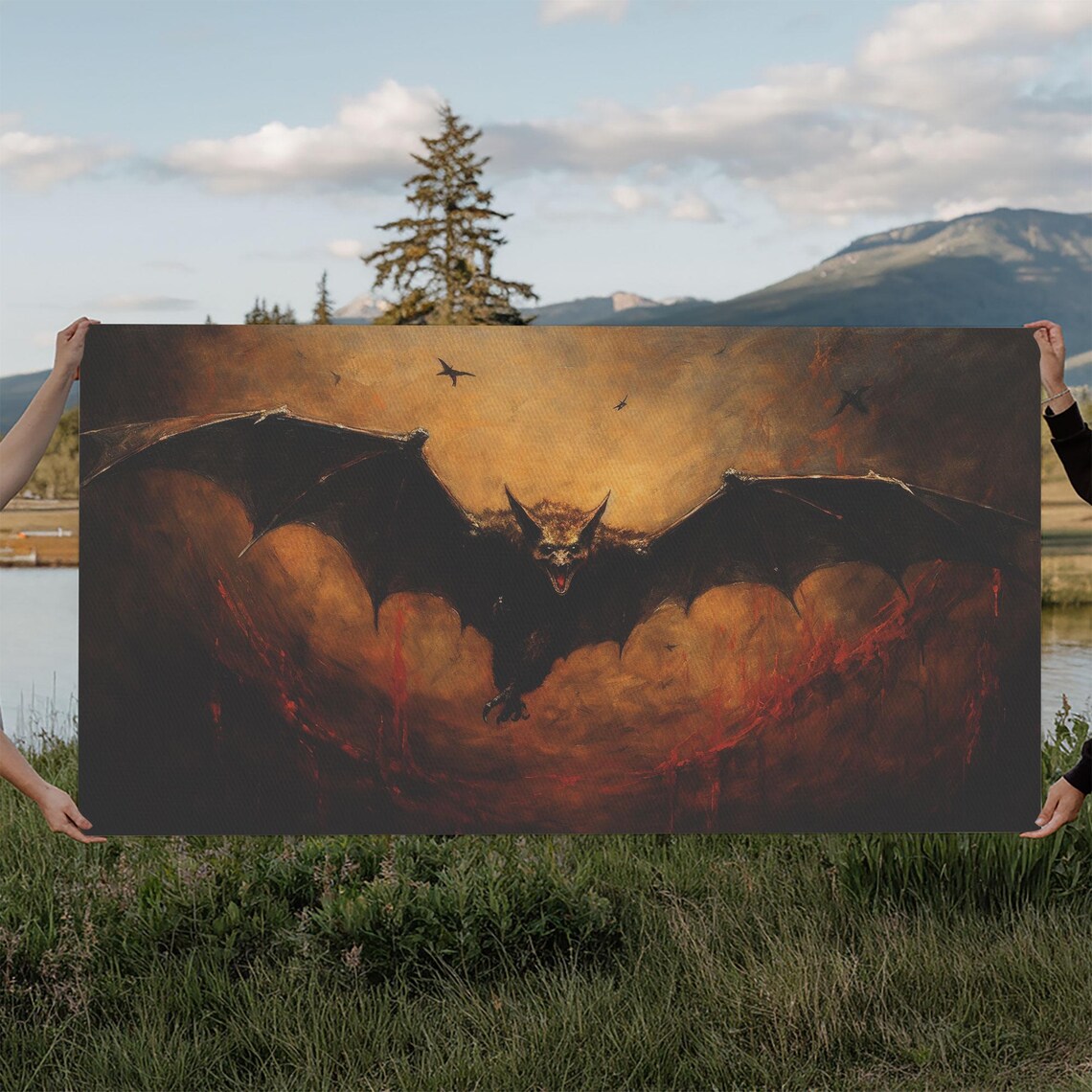 Giant Vampire Bat With Wings Spread Against Fiery Night Sky Poster