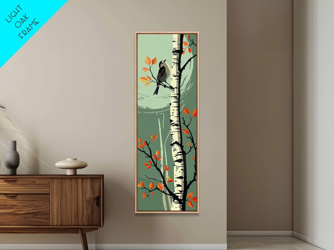 Songbird On Birch Tree Autumn Orange Leaves Vertical Art Print - Image 3