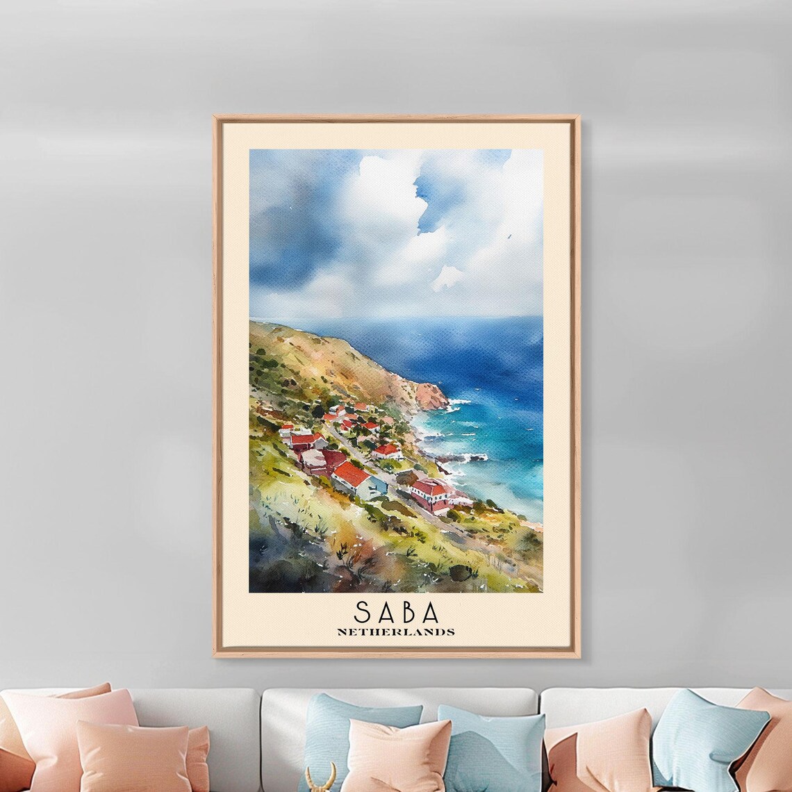 Saba Netherlands Cliffside Village Red Roof Bay Watercolor Poster - Image 2