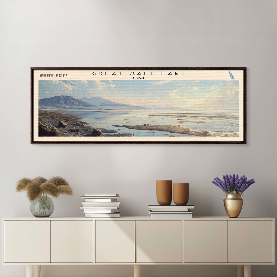 Great Salt Lake Utah Salt Flats Rocky Shore Distant Peaks Poster