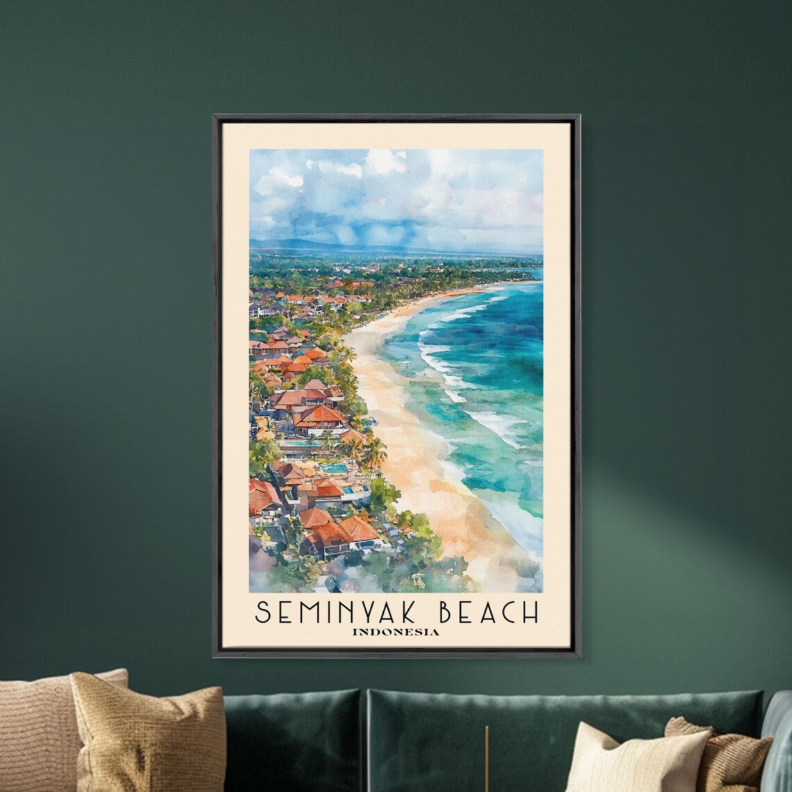 Seminyak Beach Indonesia Aerial Surf Coast Beachfront Village Watercolor Poster - Image 5