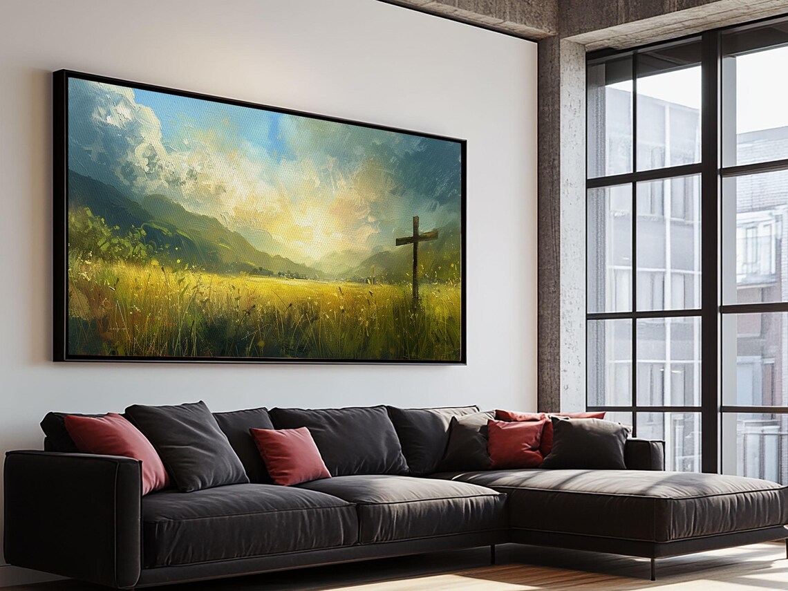 Cross In Golden Field Sunrise Grass Christian Faith Landscape Wall Art Poster - Image 6