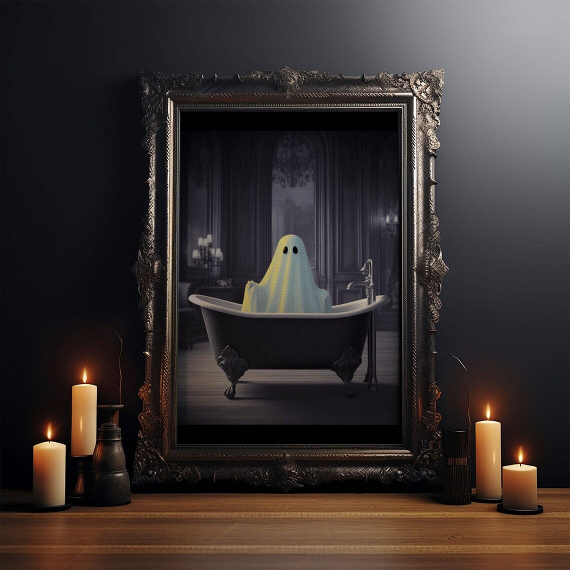 Cute Sheet Ghost In Vintage Clawfoot Bathtub Dark Room Wall Art - Image 3