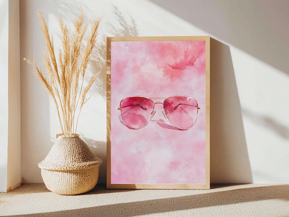 Pink Aviator Sunglasses Watercolor Gold Frames Fun Modern Wall Poster - Image 3