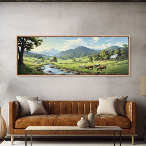 Farmhouse Field Landscape Oil Painting Large Wall Art Print Framed Nature Wall Decor Rustic Country Landscape Living Room