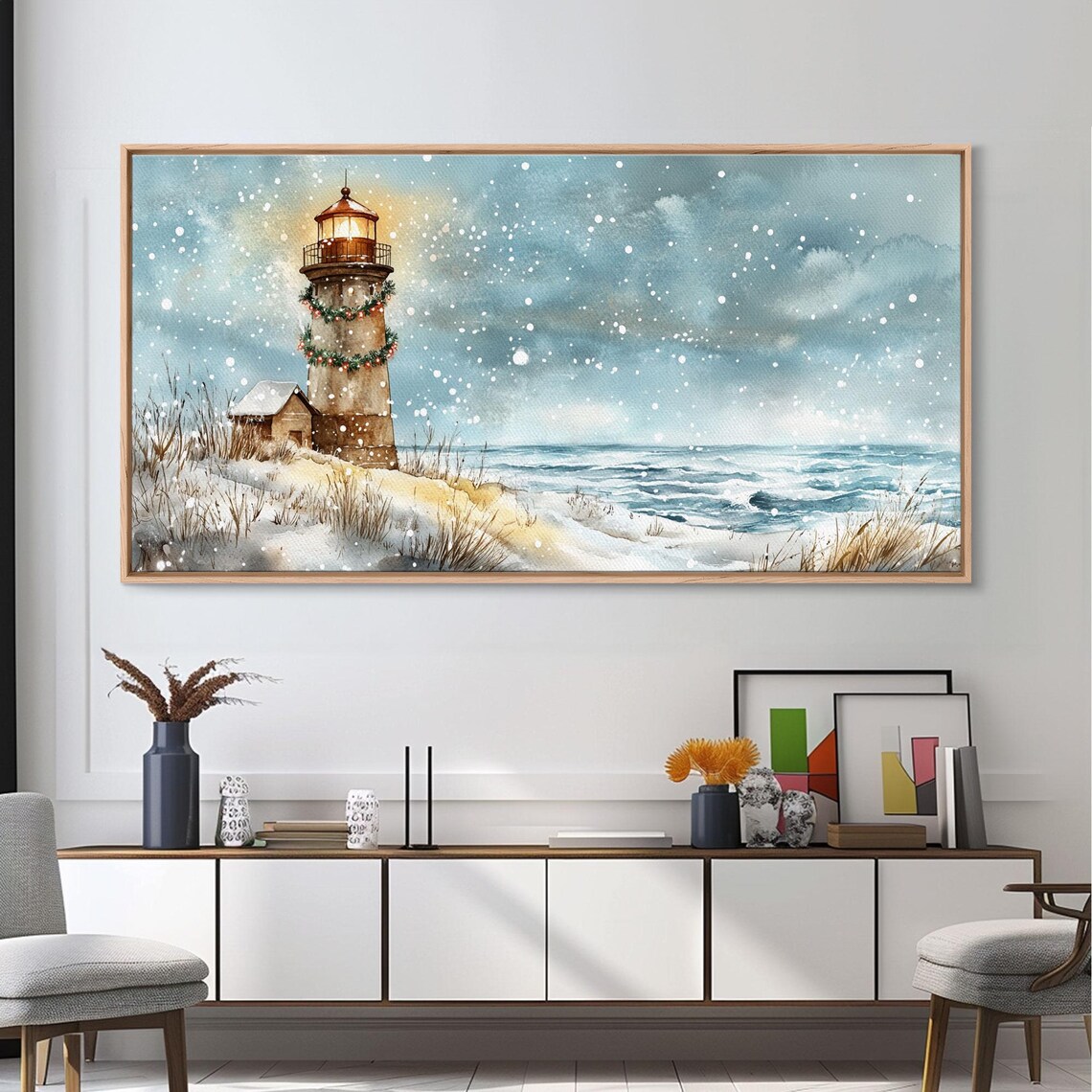 Coastal Christmas Lighthouse, Holiday Art Print - Image 4