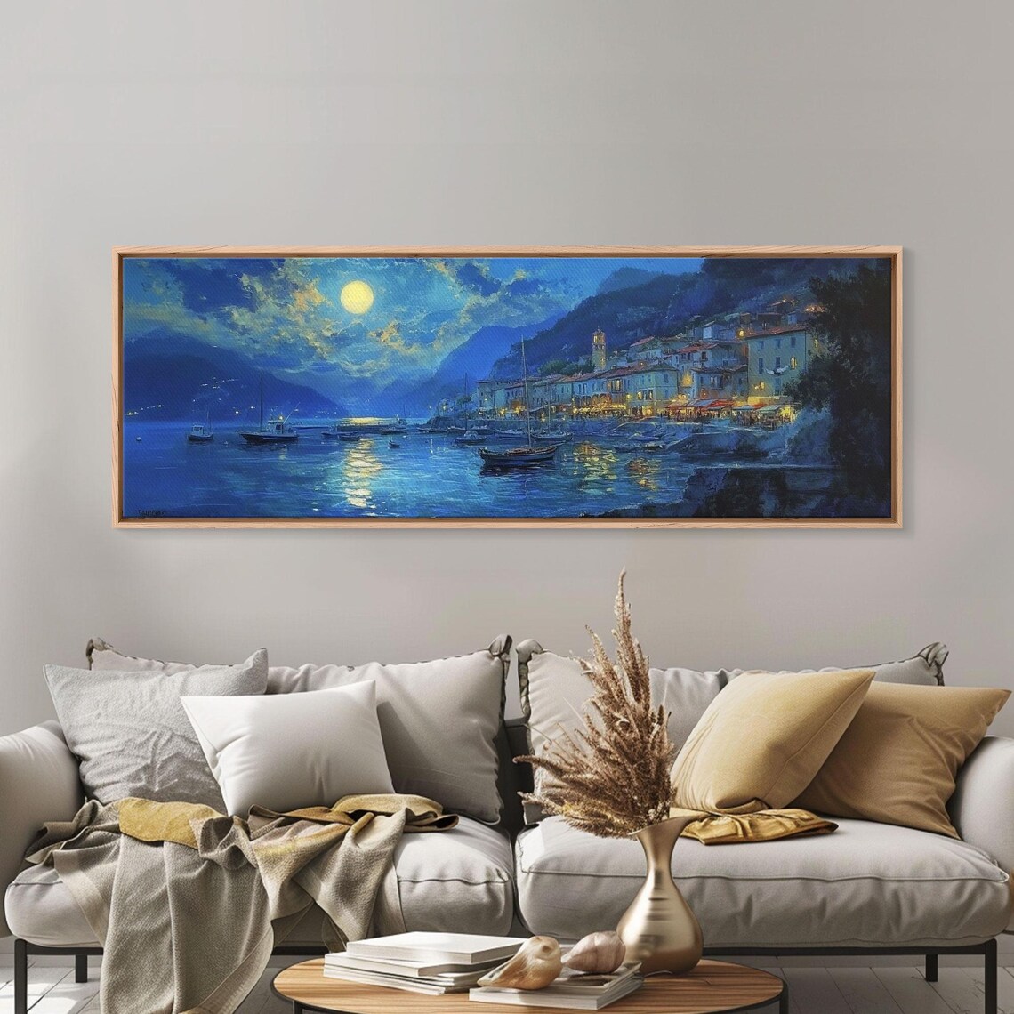 Midnight Full Moon Over Italian Coastal Harbor Night Lights Poster - Image 3