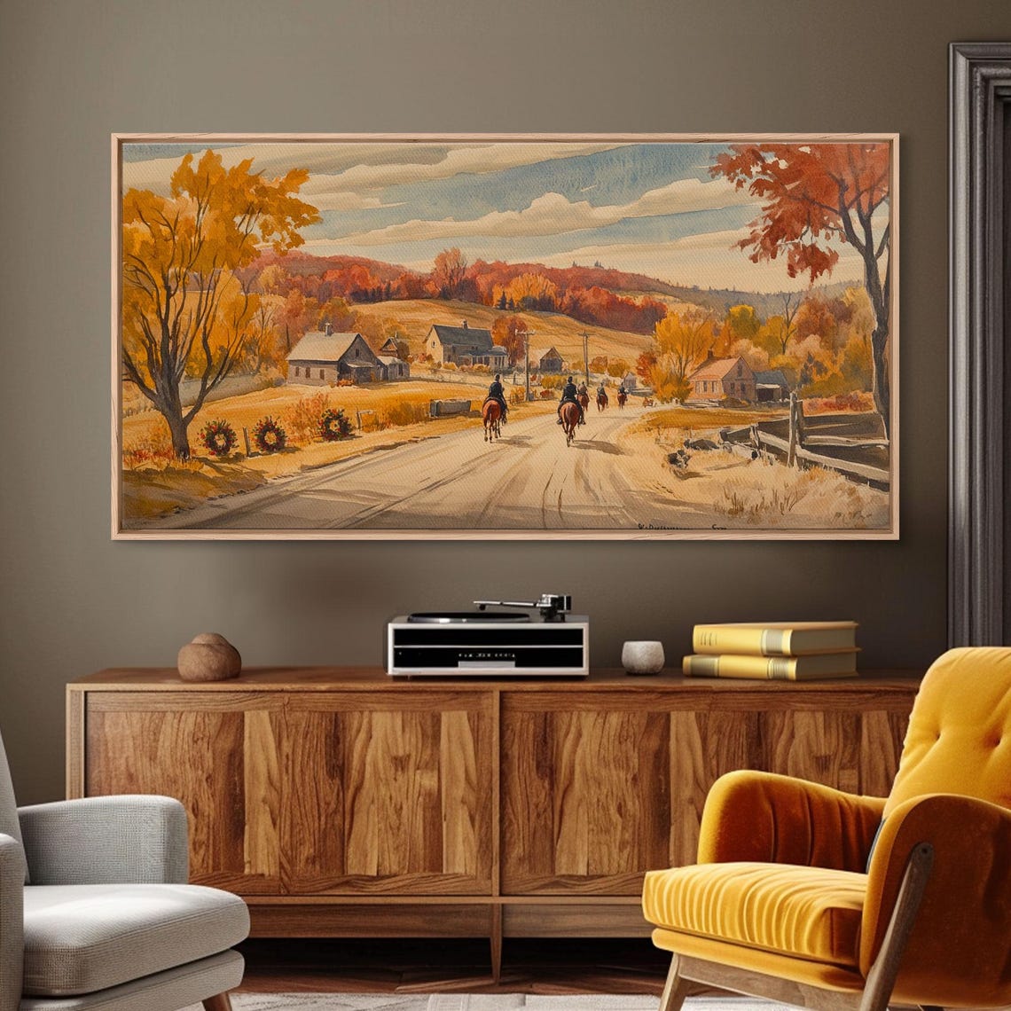 Horseback Riders Approaching Golden Autumn Farm Village Art Print - Image 2