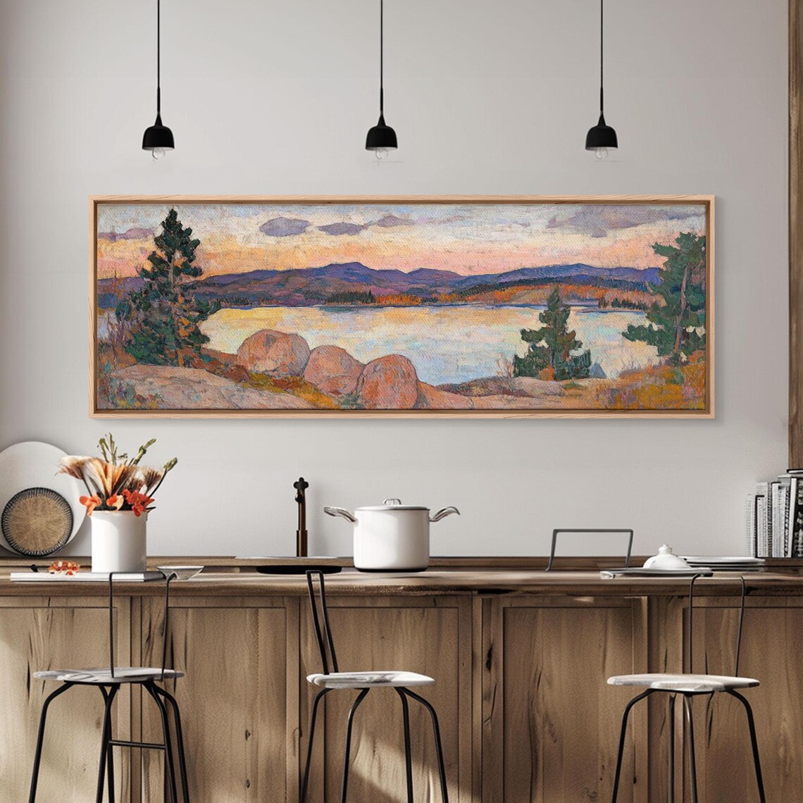 Moody Lake Sunset Golden Sky Rocky Shore Pines Oil Painting Poster - Image 2