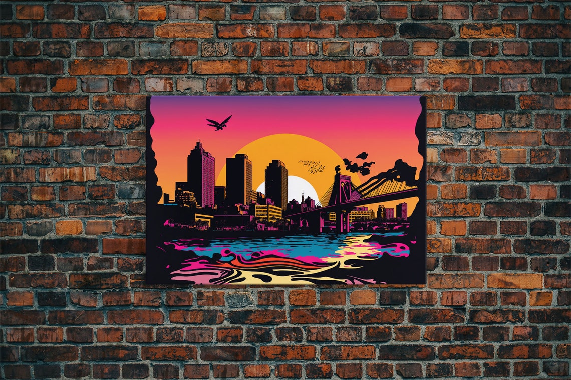 Synthwave City Skyline Sunset Bridge Water Reflection Neon Art Poster