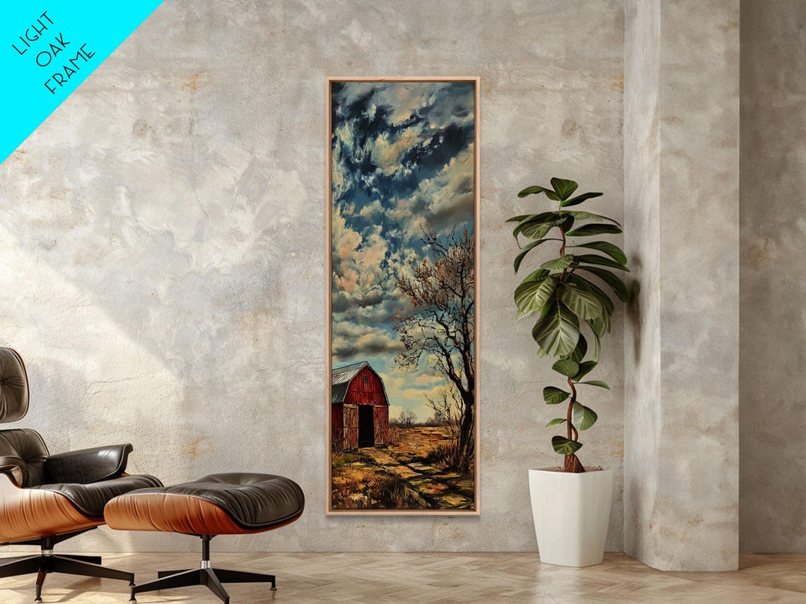 Red Barn Under Dramatic Cloudy Sky Rustic Farm Landscape Poster