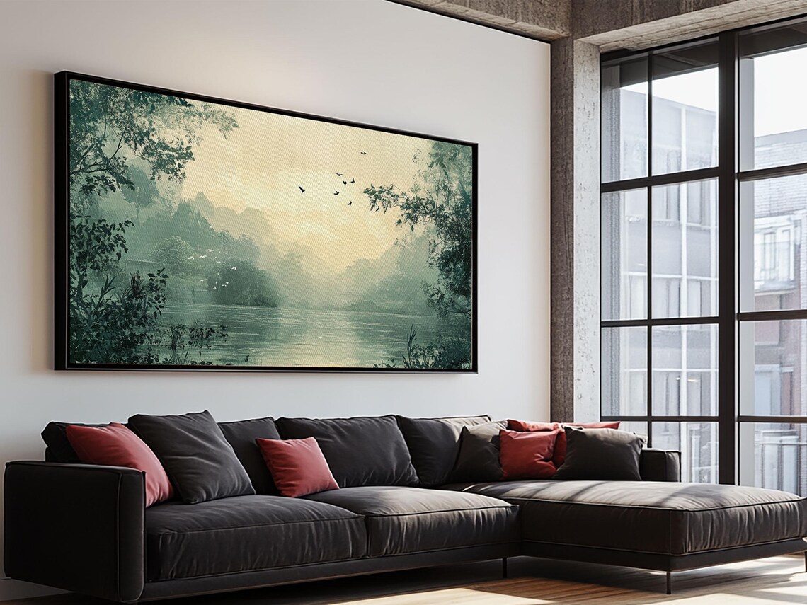 Serene Misty Lake Dawn Birds Calm Water Vintage Landscape Poster - Image 3
