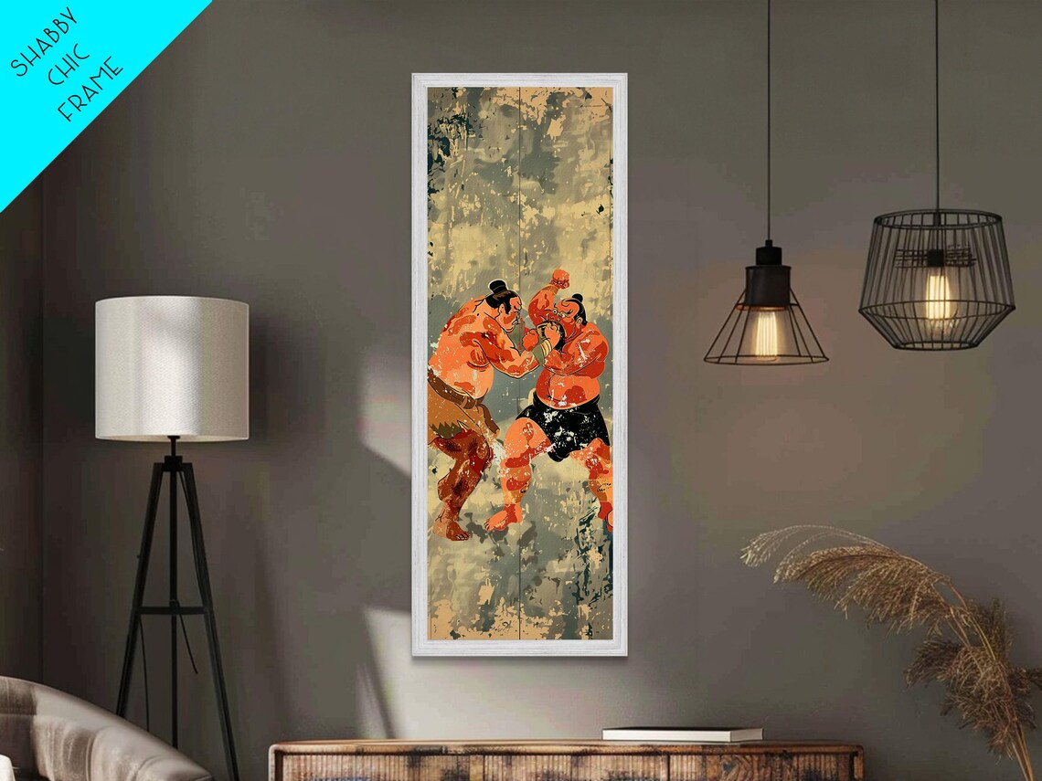 Two Sumo Wrestlers In Action Vintage Japanese Vertical Art Print - Image 2