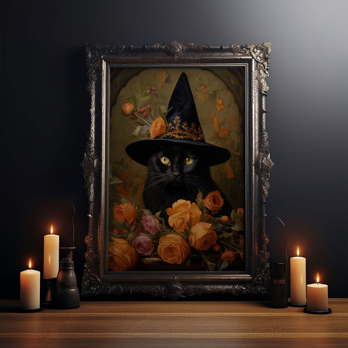 Black Cat In Rose Covered Witch Hat Among Orange Roses Poster - Image 3
