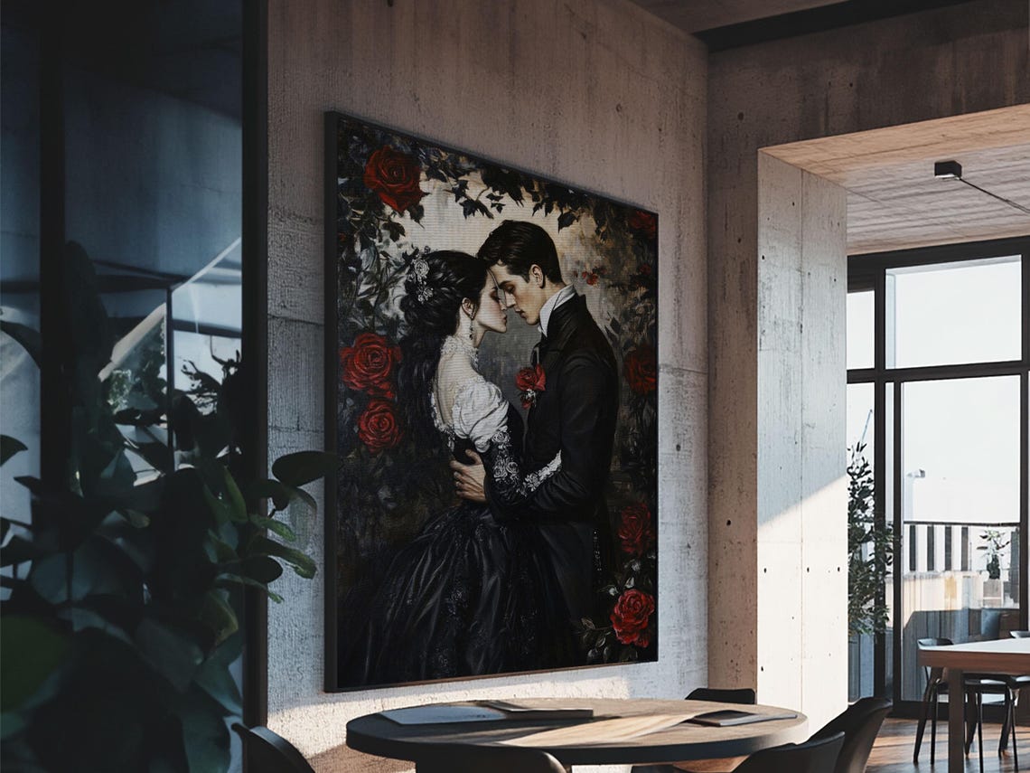 Gothic Romantic Couple Embrace Among Red Roses Dark Wall Art Print