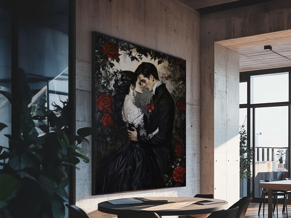 Gothic Romantic Couple Embrace Among Red Roses Dark Wall Art Print