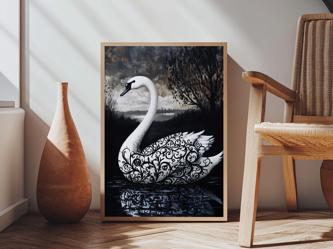 Elegant Gothic Black And White Swan Filigree Moody Lake Art Print - Image 2