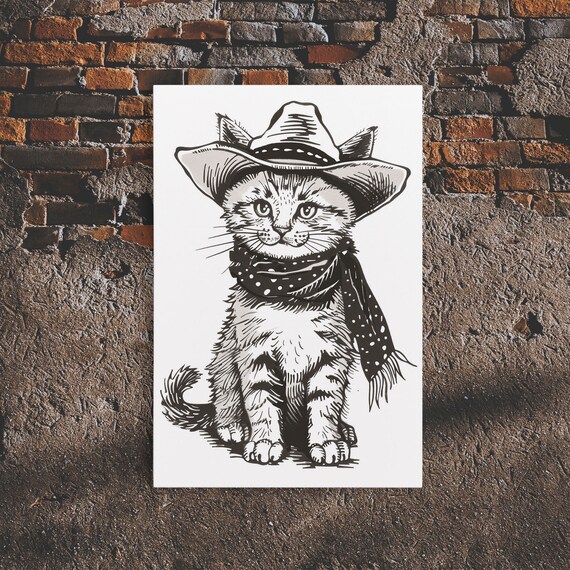 Cute Cowboy Kitten Polka Dot Bandana Vintage Sketch Wall Art Poster