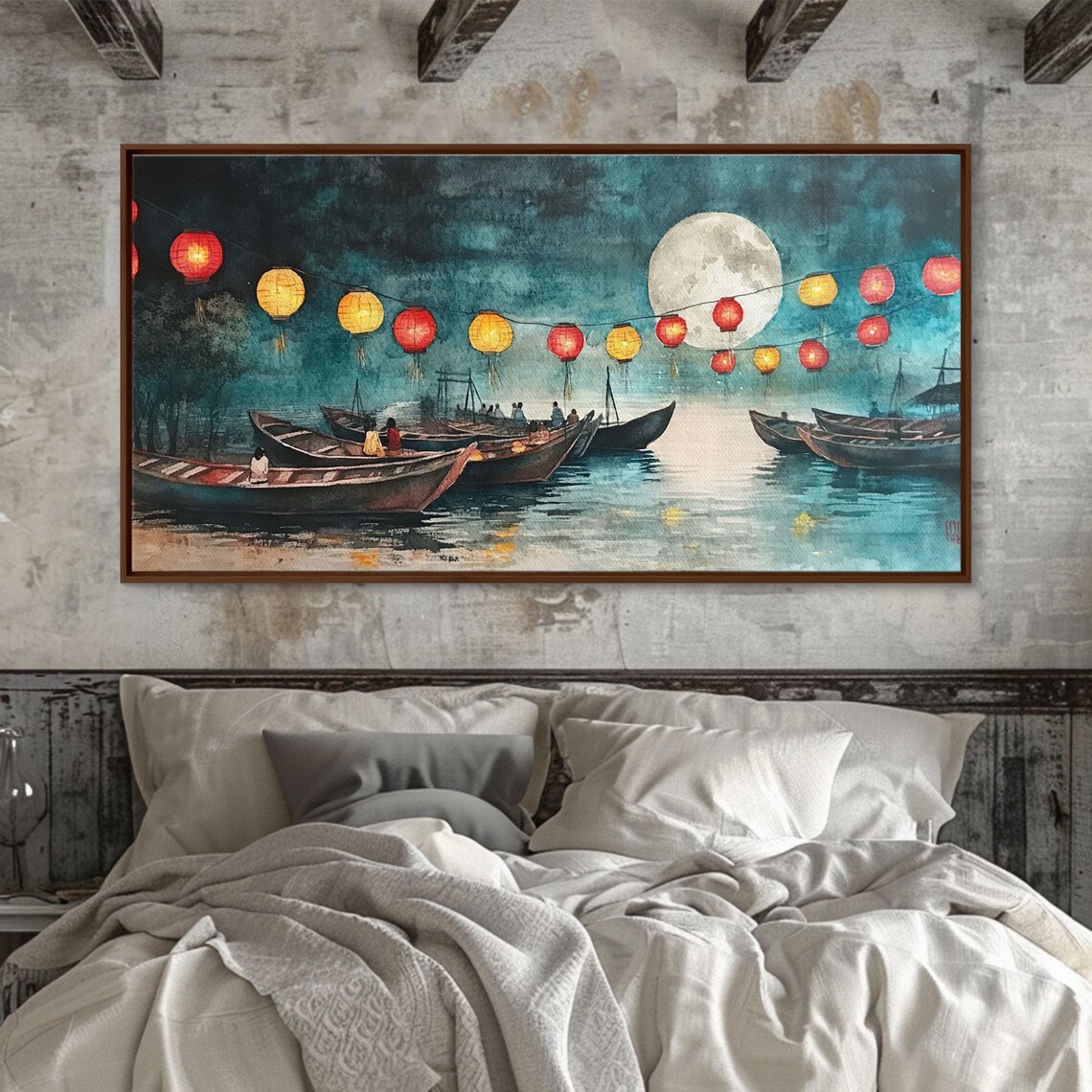 Full Moon Lantern Boats Glowing On Night River Scene Art Print - Image 5