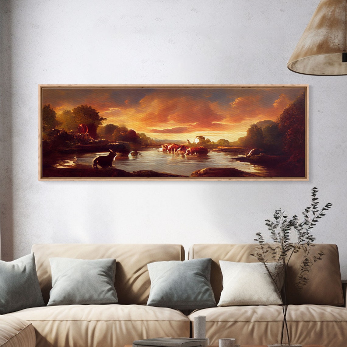 Prehistoric Dinosaur Abstract Landscape Art Ready To Hang Print Panoramic Art Dinosaurs At Sunset - Image 4
