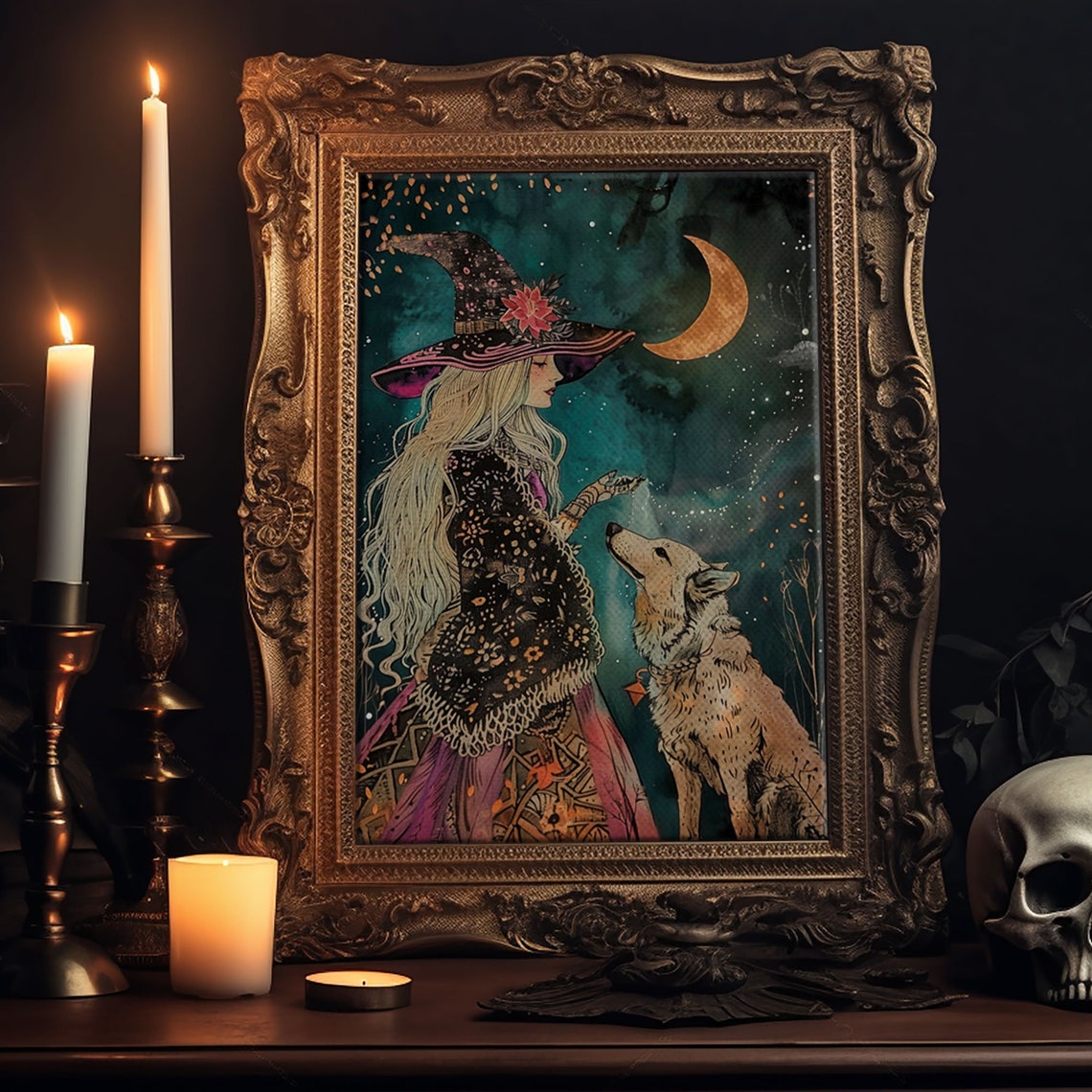 Mystical Witch With Wolf Under Crescent Moon Starry Night Poster - Image 6