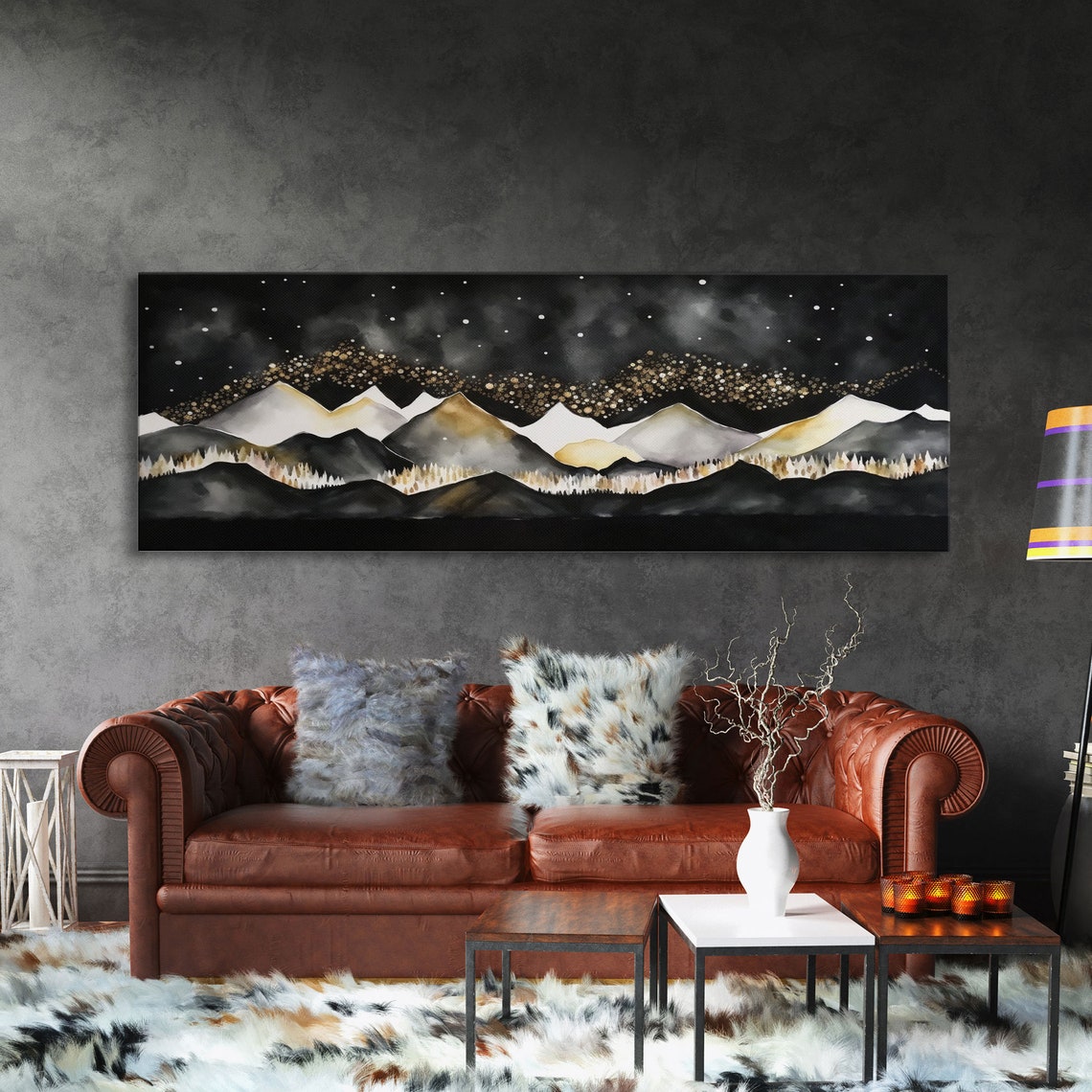 Black Gold Mountain Landscape Painting Framed Print Panoramic Art Extra Wide Art Center Piece Decor Above Fireplace Or Sofa - Image 3