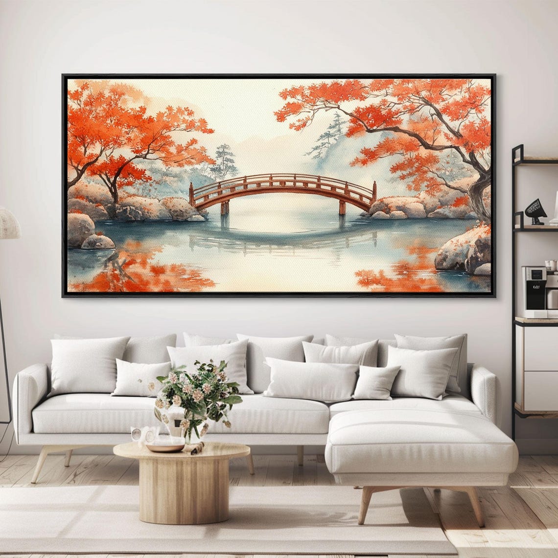 Red Arched Bridge Japanese Garden Autumn Pond Reflections Art Print - Image 3