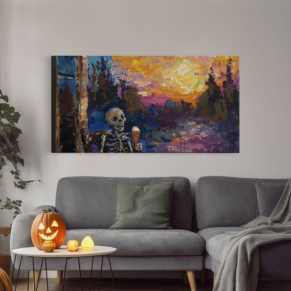 Skeleton Eating Ice Cream At Sunset Colorful Impressionist Art Poster - Image 4