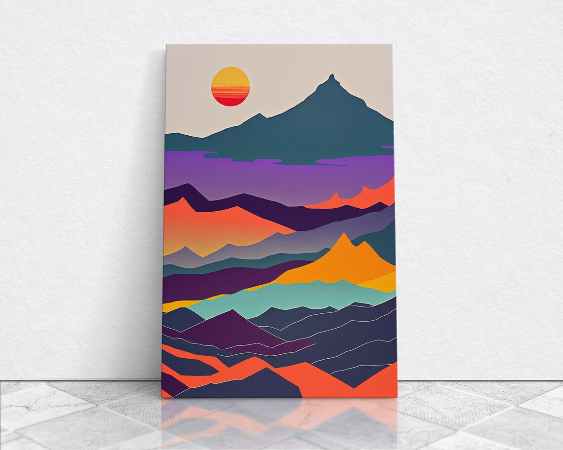 Scandinavian Inspired Pacific Northwest Art Minimalist Boho Style Forest Landscape Framed Art Abstract Art Purple Mountains