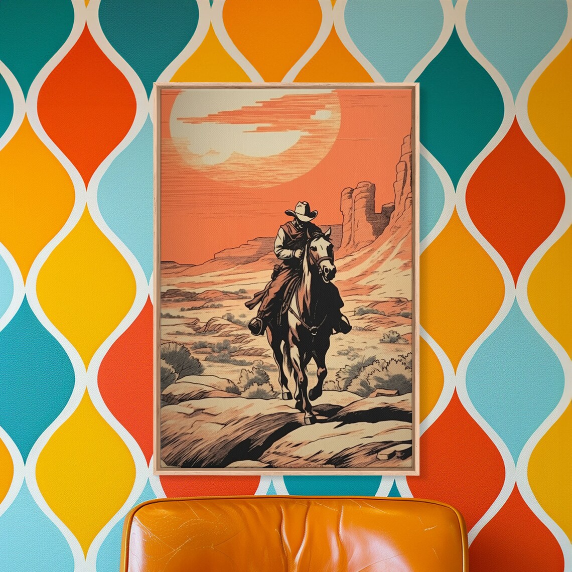 Lonely Cowboy On Horseback Giant Sun Desert Trail Western Art Poster - Image 3